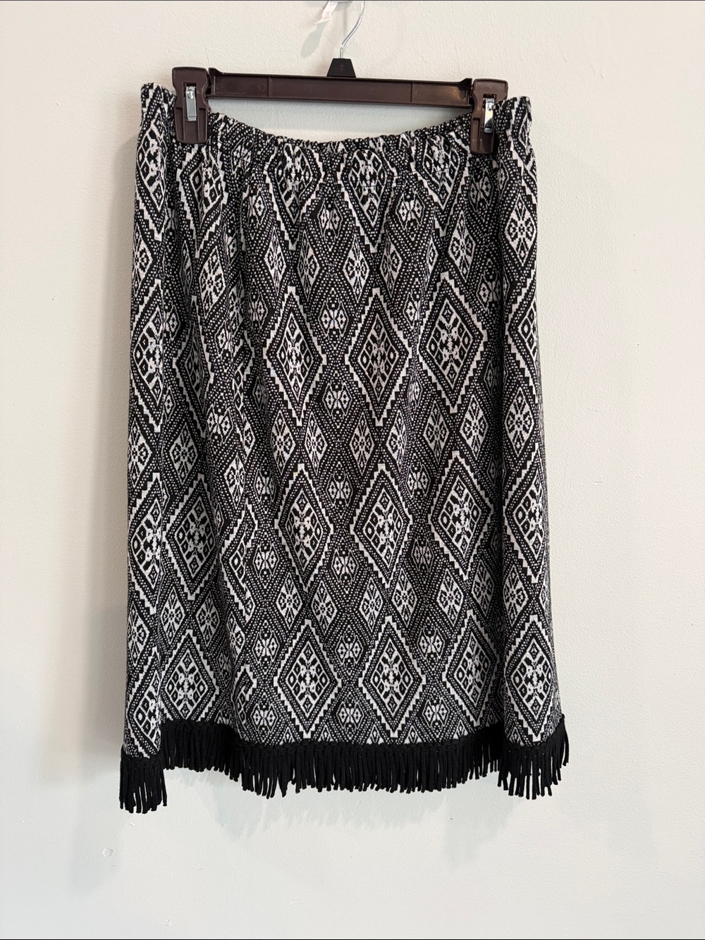 Nina Leonard Black & White Geometric Fringe Midi Skirt